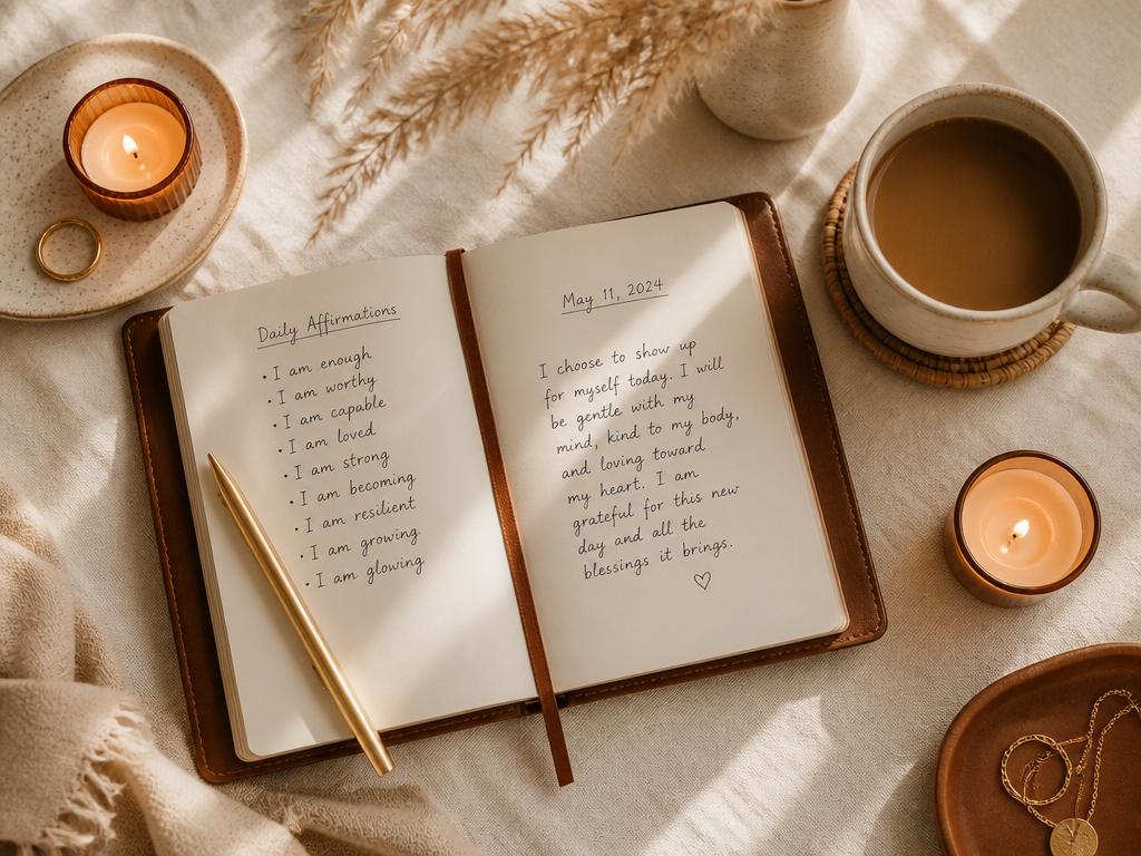 Journaling Ritual mit Kerzen, Kaffee und offenem Notizbuch für monatliche Reflexion