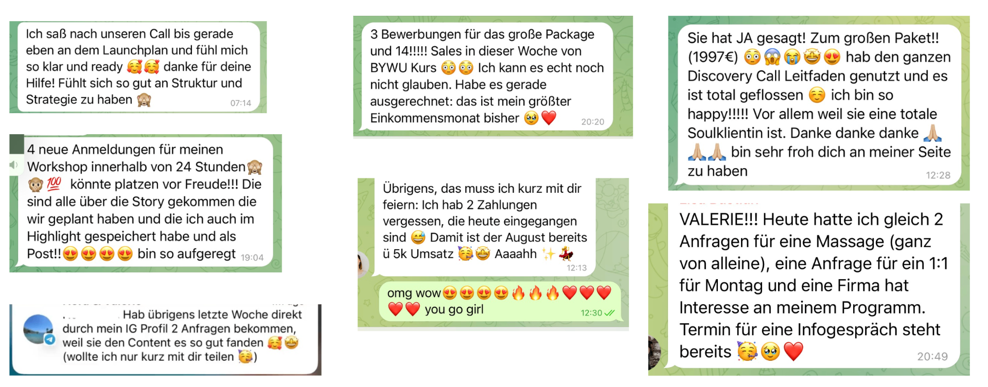 WhatsApp Nachrichten von 1:1 Mentoring Kundinnen über Launchpläne, Sales-Erfolge und neue Anfragen