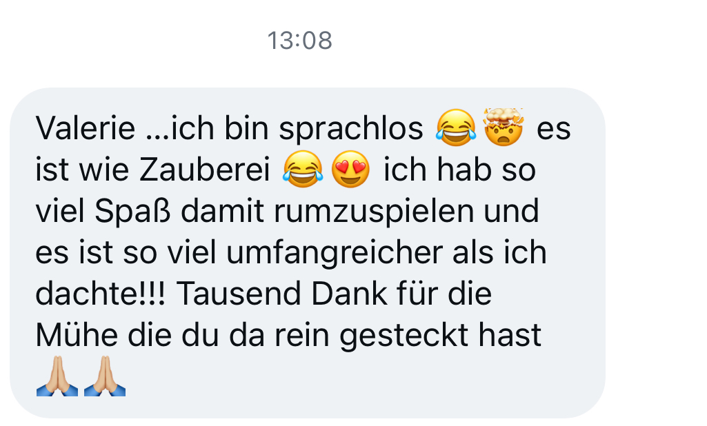 Message from a customer: She is speechless, it is like magic, a lot of fun and more extensive than expected, a thousand thanks for the effort.